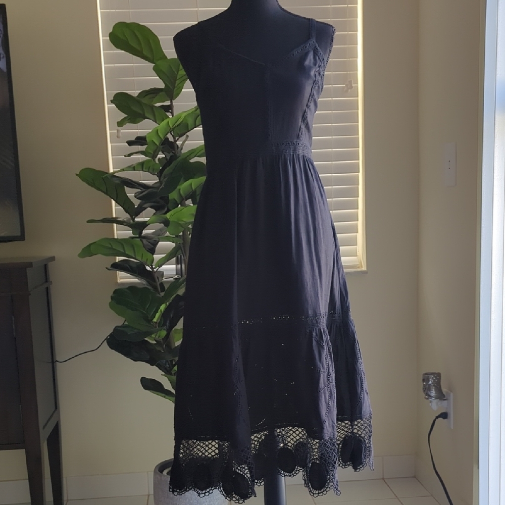 LOFT Black Midi Dress with Lace Hem
